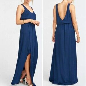 Show Me Your Mumu Kendall Maxi Dress Low Back Slit Front Navy Bridal Wedding